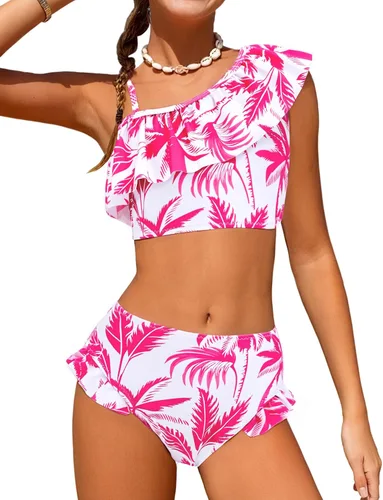 Vista 7 de Arshiner Traje de baño de dos piezas para niñas con volantes y ondas estampado, conjunto de bikini, traje de baño para niña con almohadilla