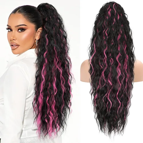 Vista 22 de KooKaStyle Extensión de cola de caballo con cordón de 26 pulgadas (66 cm) para mujeres, extensiones de cabello sintético rizado largo para uso
