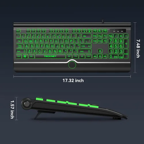Vista 5 de TECKNET Teclado retroiluminado de impresión grande, teclado de computadora USB-A con cable con reposamuñecas, retroiluminación de 7 colores, teclas