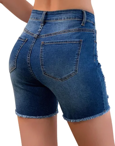 Vista 2 de roswear Pantalones cortos de mezclilla para mujer, estilo casual, de verano, rasgados, de cintura alta, elásticos, desgastados, con dobladillo