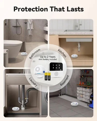 Vista 9 de PILSAMAS Detector de fugas de agua WiFi, paquete de 4 unidades (sirena) + concentrador Samrt con pantalla de números para identificar fugas, alarma