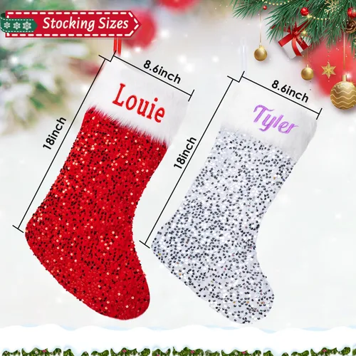 Vista 4 de Ulico Calcetines de Navidad personalizados, 18 pulgadas, con lentejuelas bordadas con nombre personalizado, calcetines de Navidad para niños