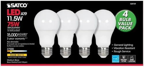 Vista 3 de Satco 28769-11.5A19/LED/27K/ND/120V/4PK S28769 A19 A Line Pera4 Bombilla LED