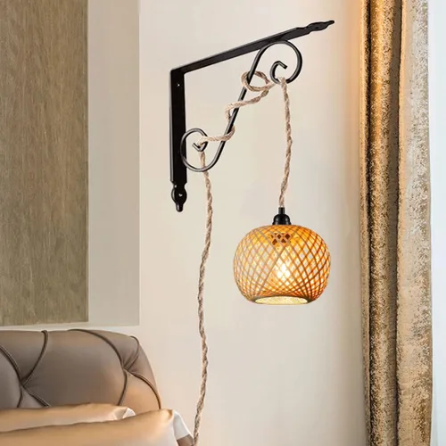 Vista 5 de Lámpara colgante de mimbre con enchufe bohemio 15ft Hemp Rope Cord, MINI Bamboo Lampshade, Wall Lighting Swag Lamp, for Kitchen Island Farmhouse