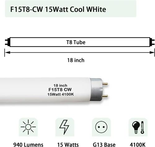 Vista 2 de F15T8-CW 15 vatios Luz blanca fría, lámpara lineal fluorescente T8 de 18" para RV, bombilla de repuesto para luminaria Philips Alto ECO GE Staco