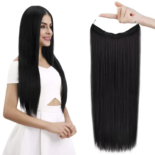 Vista 21 de REECHO - Extensiones de cabello con alambre invisible y con cintillo transparente, tamaño ajustable, clips seguros extraíbles, cabello lacio, diseño