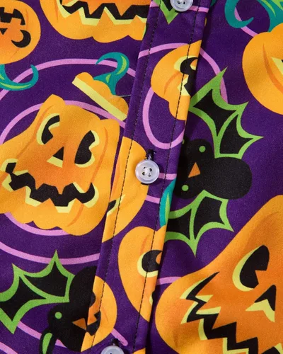 Vista 5 de fohemr Camisa divertida de Halloween para hombre, diseño de calabaza fea, manga larga, casual, con botones, disfraz de adulto para fiesta