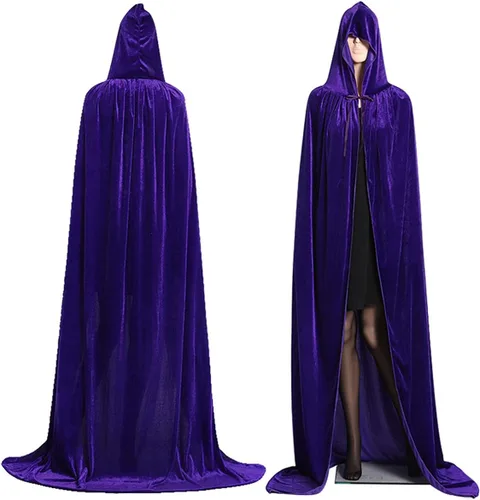 Vista 3 de Capa con capucha unisex, capa de terciopelo larga para Halloween, bruja, mago, vampiro, cosplay, accesorios de fiesta