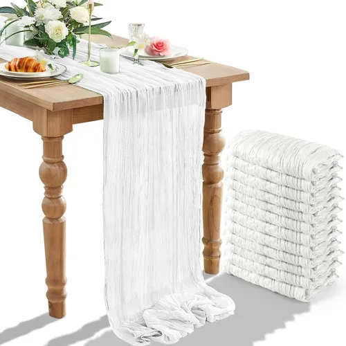 Vista 12 de Paquete de 12 caminos de mesa de gasa arrugada de 35 x 120 pulgadas, estilo bohemio, centros de mesa románticos para mesas, mantel versátil