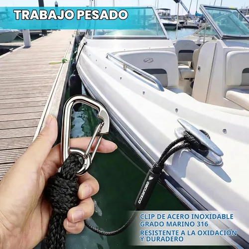 Vista 4 de Obcursco Líneas de muelle elásticas para barco, cuerda de amarre con clips de acero inoxidable 316, accesorios para moto acuática, PWC, SeaDoo Negro