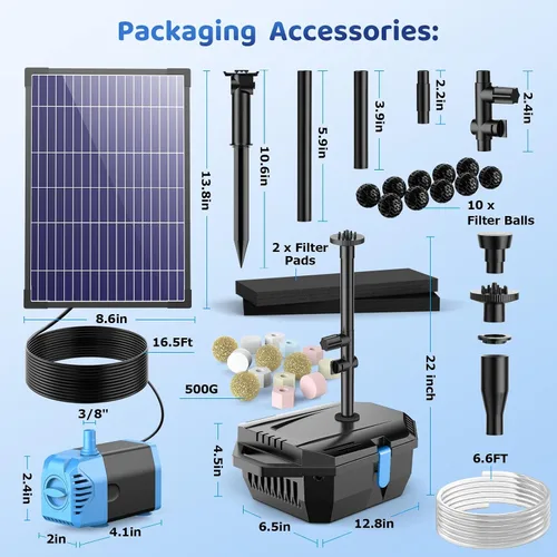 Vista 2 de Antfraer Kit de bomba de fuente solar de 12 W y filtro de estanque, sistema de filtración integrado con 4 boquillas, filtro de estanque de tubo