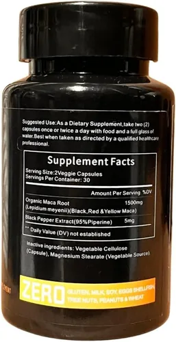 Vista 3 de ibrar's Cápsulas de maca, 1500 mg extra fuerte, raíz de maca negra, roja y amarilla, 60 cápsulas vegetales