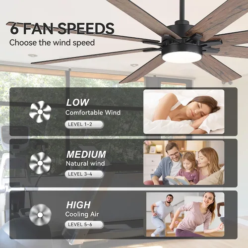 Vista 5 de Ventiladores de techo de 72 pulgadas con control remoto de luces LED, 8 aspas industriales de doble color, ventilador de techo grande con motor