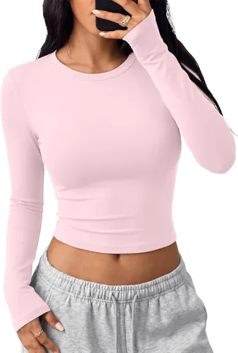 Vista 15 de Trendy Queen Camisetas cortas de manga larga para mujer, camisetas básicas Blanco