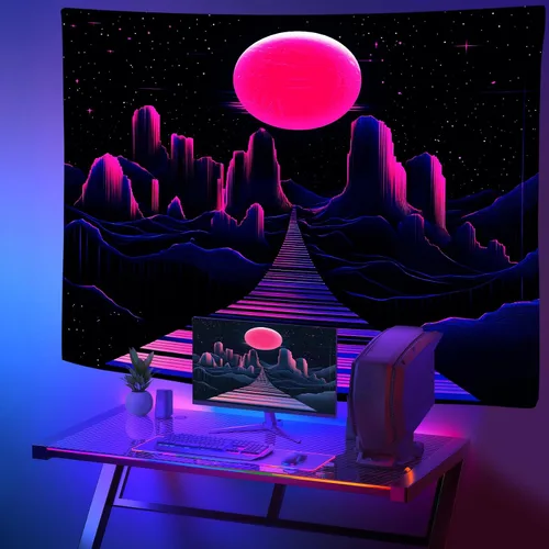 Vista 3 de Blacklight Neon Synthwave Tapestry - Glow in the Dark Space Planet Grid Mountains Tapestries Retro 80s Upright Posters Wall Hanging Room Decor for
