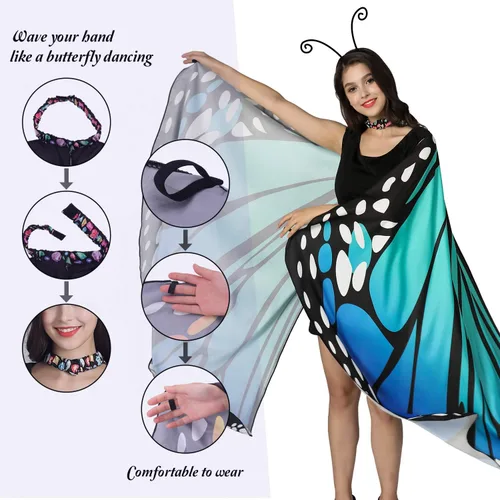 Vista 5 de Jeicy Halloween Butterfly Wings Shawl Fairy Lady Cape Nymph Pixie for Women Girls Halloween Costumes with Antenna Headband