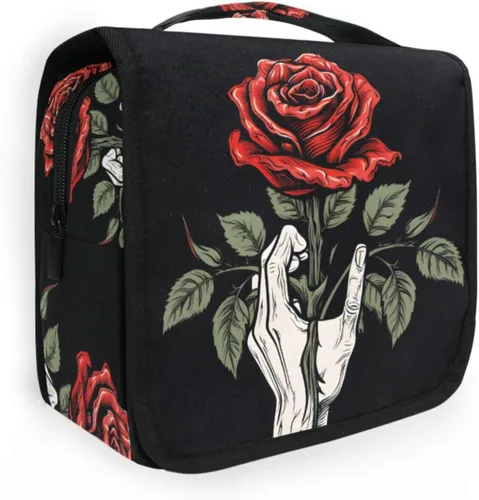 Vista 18 de MNSRUU Neceser colgante con diseño de calavera y girasol, bolsa de maquillaje de viaje para artículos de tocador, organizador de artículos