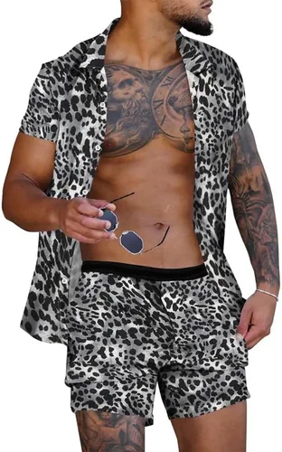 Vista 4 de Conjunto de camisas cortas de traje de playa YAOGRO para hombre 2 piezas a juego con estampado floral hawaiano