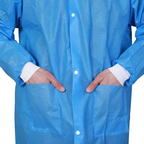 Vista 6 de Greenour Disposable Lab Coat Blue SMS with Pockets for Adult Knitted Collar and Cuffs Breathable Fluid Resistant