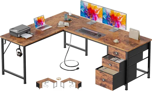 Vista 11 de Furologee Escritorio en forma de L de 55 pulgadas con tomas de corriente y puerto USB-C, escritorio esquinero reversible para computadora