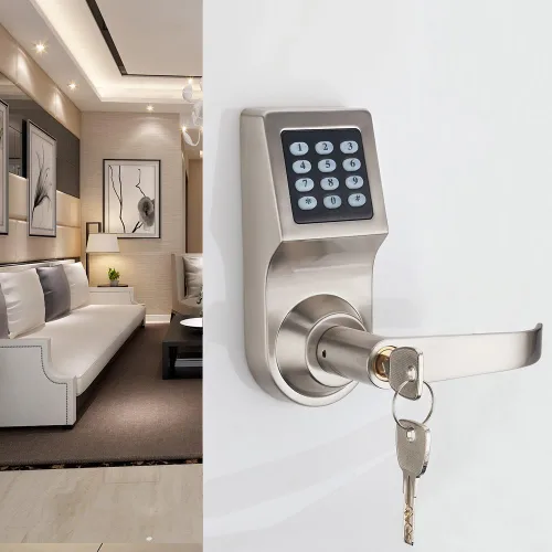 Vista 5 de Cerradura digital para puerta, desbloquea con control remoto, Tarjeta, código y llave M1, Manija con dirección reversible.