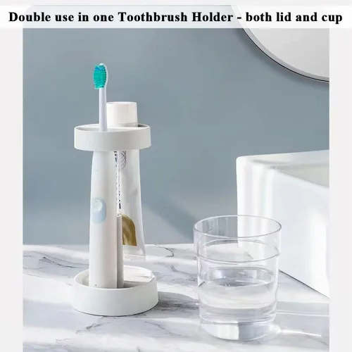 Vista 6 de El soporte para cepillos de dientes con taza/cubierta contiene 2 ranuras, compatible con cepillos de dientes eléctricos y cepillos de dientes