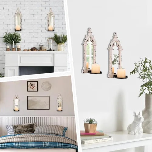 Vista 7 de Juego de 2 candelabros de pared con espejo real, color blanco envejecido French Wood Wall Candle Holder, Shabby Chic Decor, Pointed Arch Frame