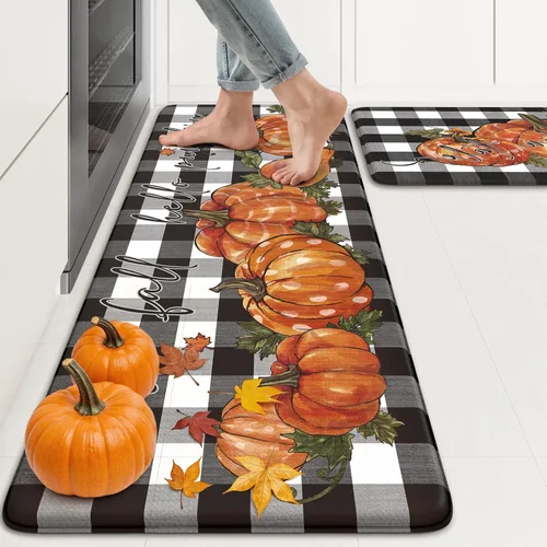 Vista 14 de KIMODE Tapetes Antifatiga para Piso de Cocina 17"x47"+17"x29", Juego de 2 Alfombras de Cocina a Cuadros Marrón y Blanco, Tapete de Cocina