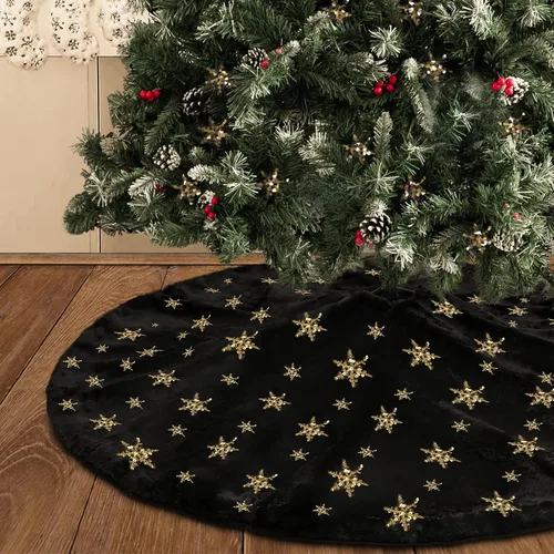Vista 30 de Faldones de Felpa para Árbol de Navidad, 24 pulgadas, Lujosa Cubierta de Base de Árbol de Navidad de Piel Sintética Negra con Copos de Nieve Dorados
