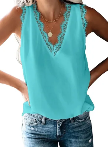 Vista 25 de BLENCOT Camiseta sin mangas con cuello en V para mujer, blusa de encaje, chaleco casual, camisola de verano Albaricoque