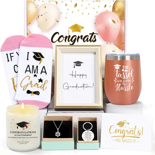 Vista 13 de Regalos de graduación 2025, regalos de felicitación para ella con vaso de vino de 12 OZ, vela, marcos, llavero, regalos de graduación universitaria