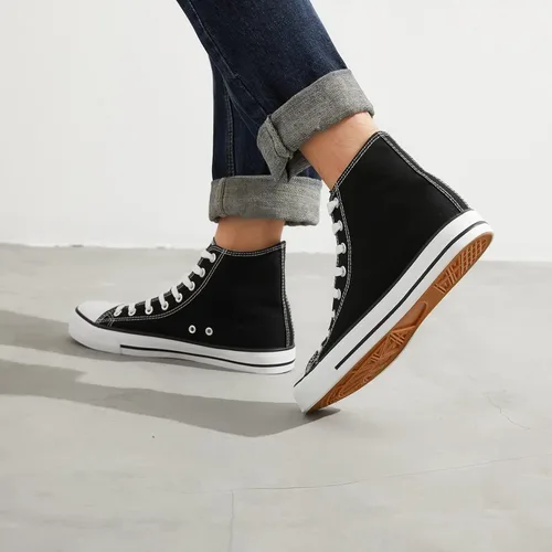 Vista 7 de Zapatillas de lona altas para hombre, zapatos de lona casuales con cordones para hombre, zapatos de lona de moda blanca y negra para caminar