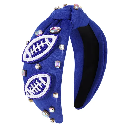 Vista 8 de Diademas anudadas de fútbol para mujer, diadema deportiva para el día del juego, diadema de cristal perlado con nudo superior ancho, accesorios