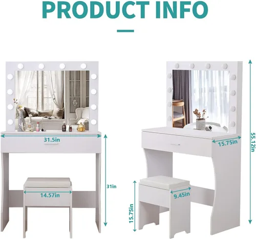 Vista 5 de Vabches Tocador de maquillaje con luces, Mesa tocador de maquillaje, Brillo ajustable, Cajón grande tocador resistente para dormitorio estudio