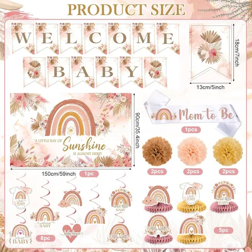 Vista 3 de Decoraciones de baby shower estilo bohemio rosa para niña, A Little Ray of Sunshine is Almost Here Boho Rainbow Welcome Baby Banner telón de fondo