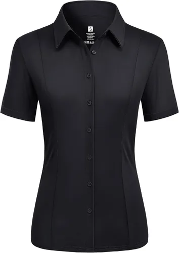 Vista 13 de Camisas con botones para mujer, elásticas, de manga corta, con cuello, sin arrugas, básica, de negocios, blusa de trabajo