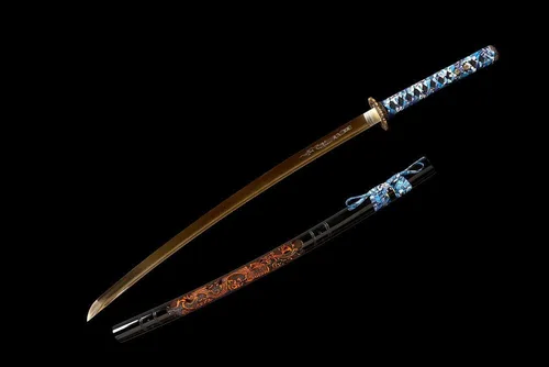 Vista 2 de Espada samurái japonesa de 41 pulgadas, hecha a mano, espada samurái, dragón, hoja Saya de latón Tsuba