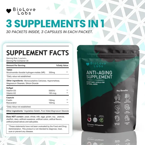 Vista 2 de NAD 3 en 1 Booster: ribósido de nicotinamida (NR), fisetina, resveratrol, K2 y D3 Apoya el envejecimiento saludable del cerebro, el cuerpo