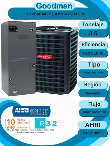 Vista 4 de Goodman Sistema de bomba de calor SEER2 de 3,5 toneladas 15,2 con manipulador de aire multiposicional R32 GLZS4BA4210 AMST42CU1300. Termostato