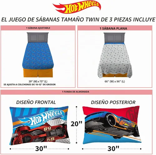 Vista 4 de Franco Ropa de cama para niños Juego de sábanas súper suaves, 3 piezas, tamaño individual, Hot Wheels