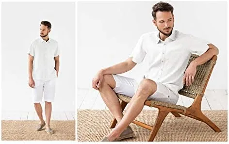 Vista 5 de JEKAOYI - Camisas de lino de manga corta con botones para hombre, de verano, informal, de algodón, cuello extendido, camisas de playa