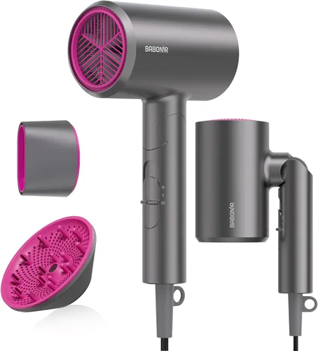 Vista 9 de BABONIR 1875W Hair Dryer with Diffuser, Ionic Foldable Blow Dryer, Black Fast Drying for All Hair Types, 3 Heat & 2 Speed, Concentrator &