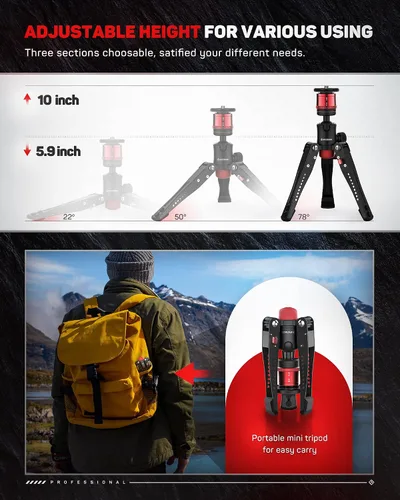 Vista 5 de IFOOTAGE Cobra 3 Base Aluminio Mini Trípode de Escritorio para Cámara Trípode pequeño de mesa con tornillos de 1/4" y 3/8" compatible con cámaras