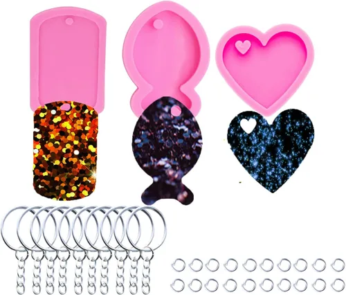 Vista 12 de 3 piezas de moldes de silicona de resina brillante con huella de pata para hacer llaveros DIY, molde de epoxi en forma de corazón con anillo