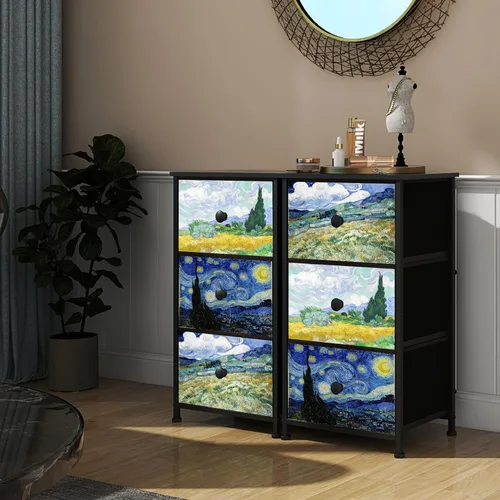 Vista 7 de Cómoda con 3 cajones Van Gogh, cómoda de cajones para dormitorio, mesa de noche estrecha, cómodas pequeñas y cofres de cajones para medio pasillo