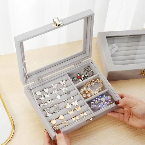 Vista 4 de Caja de almacenamiento de cristal de terciopelo para joyas, bandeja para anillos, aretes, organizador de anillos, collar y joyero