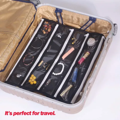 Vista 7 de DIOMMELL Organizador de joyería colgante con 47 bolsillos con cremallera para aretes, collar, pulsera, anillo, bolsa de almacenamiento
