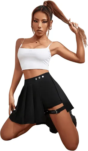 Vista 5 de SweatyRocks Minifalda plisada de cintura alta con dobladillo asimétrico y hebilla para mujer
