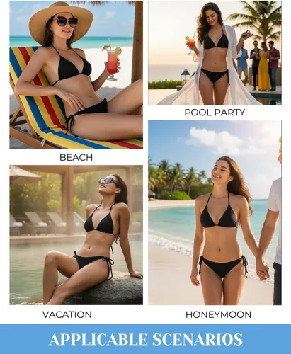 Vista 5 de Tempt Me - Conjunto de bikini triangular para mujer, traje de baño sexy de dos piezas, traje de baño con cintas laterales 1 Negro