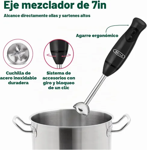 Vista 3 de BELLA Batidora de Mano de Inmersión, Mezclador Portátil con Accesorio de Batidor - Exprimidor Manual Eléctrico, Sacude, Hace Comida para Bebés